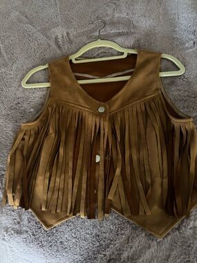 Fringe Faux Suede Vest in Cognac Brown